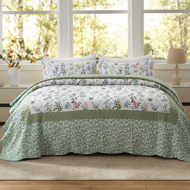 Ensemble de courtepointe 3 pièces très grand californien - Couvre-lit léger en microfibre et 2 taies décoratives, motif floral de style jardin, surdimensionné 120 x 120 pouces, couvre-lit toutes saisons