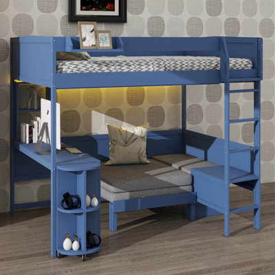 Full-Size Wooden Loft Bed, Features Desk, Bedside Storage, Couch, And Lighting Setup