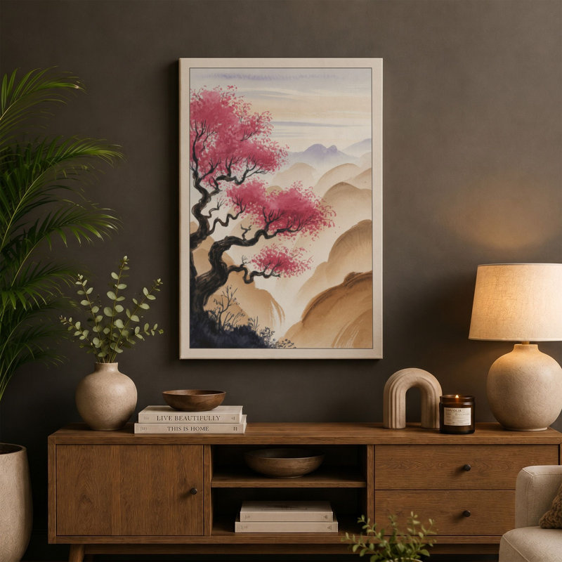Blossoms at Dawn Japandi - Wrapped Canvas, 36x24 - 91.4 x 61.0 cm, Terracotta Border