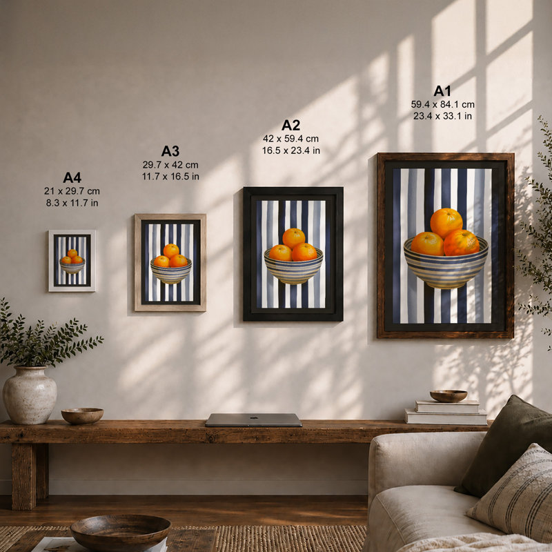 Oranges in Striped Bowl Modern - Framed Print, Unframed, A3 - 42.0 x 29.7 cm