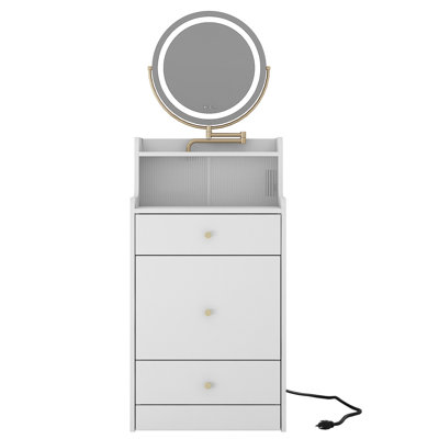 Meuble-lavabo blanc 3 en 1 avec miroir, 2 tiroirs de rangement, fonction de charge, tabouret rembourré, miroir compact pour chambre d'amis et 2 petits espaces pour coiffeuse et coiffeuse