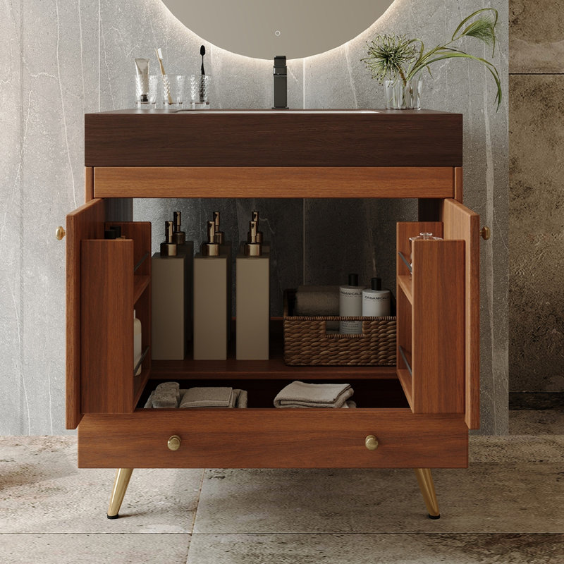Meuble-lavabo sur pied de style Mid-Century avec dessus en faux marbre et lavabo en céramique, Brown