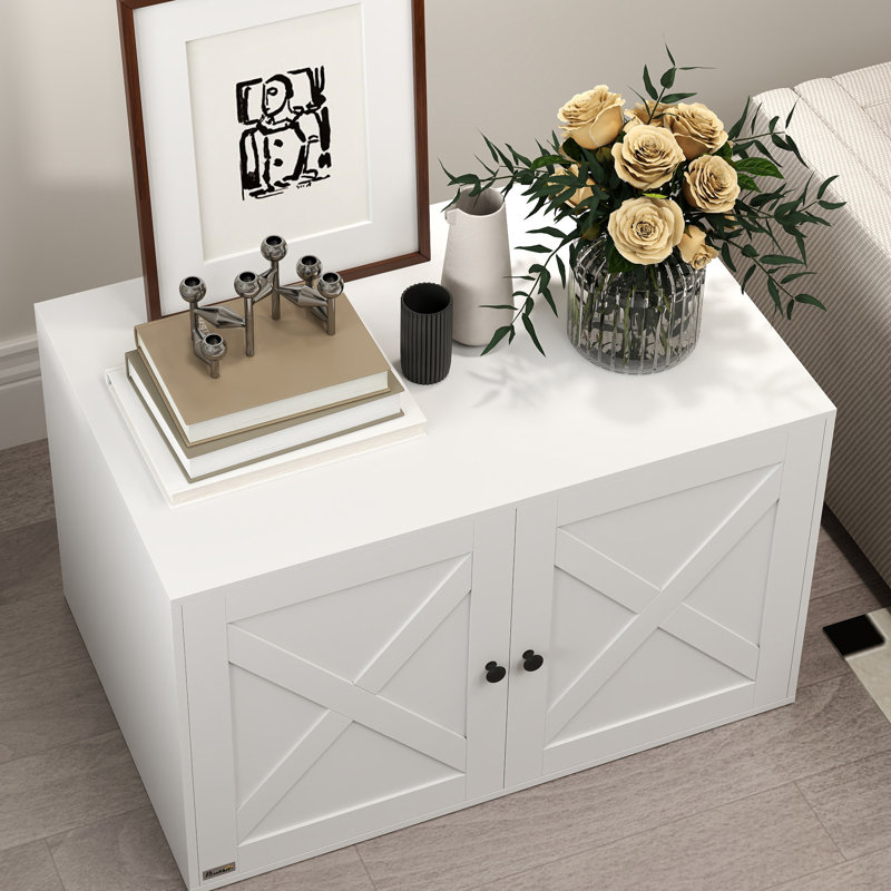 Enceinte de litière pour chat, meuble de litière caché avec porte de grange, trou pour chat, salle de bain intérieure pour animal de compagnie, table d'appoint, 31,5 po x 21 po x 20 po, blanc