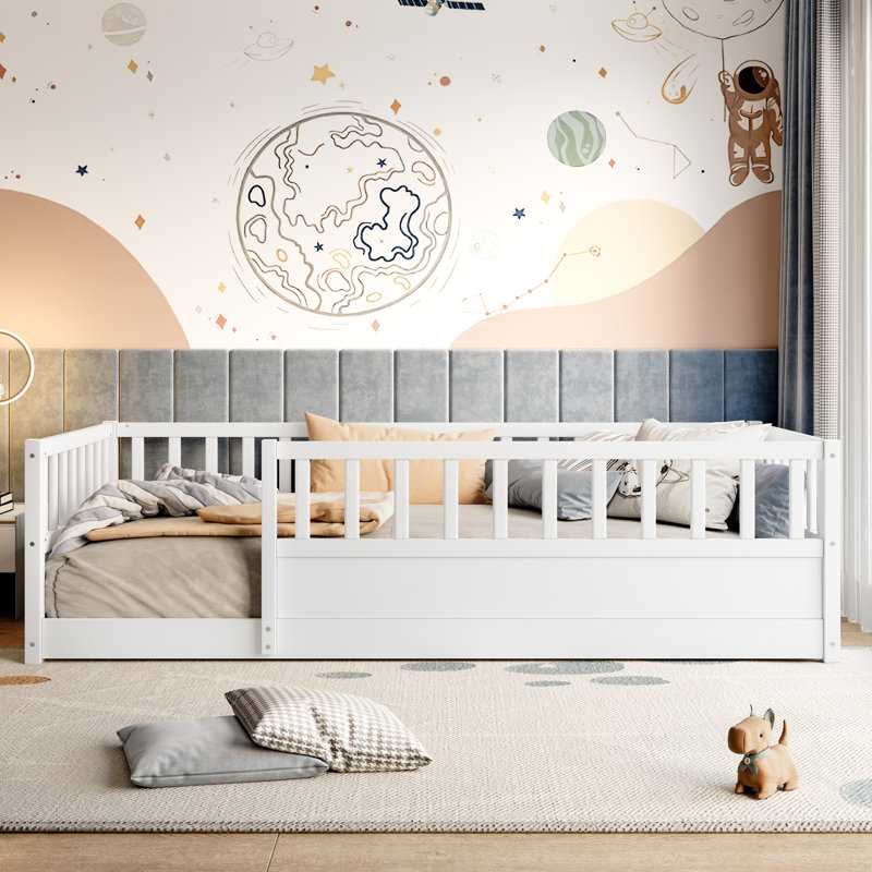 Montessori Wooden Floor Bed With High Security Barrier And Door, Perfect For Safe And Independent Child Sleep, White