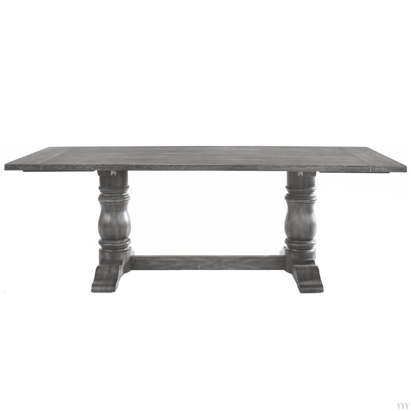 Table rectangulaire à tréteaux avec piédestal double tourné, gris vieilli