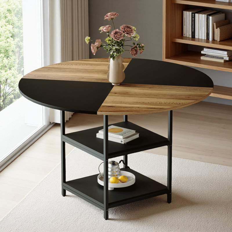 Table de salle à manger circulaire de 47,3 pouces de diamètre avec épissure moderne - rangement double couche, couleur diagonale en bois et noire en forme d'éventail, interprétant l'esthétique et la fonctionnalité de la maison.