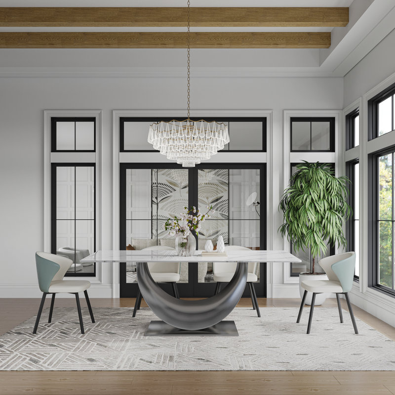 Modern Sintered Stone Dining Table for 6-8 with Pedestal Base, Pre-Assembly, White, Silver, 94.49" L x 39.37" W