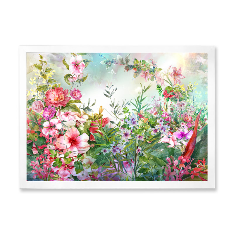 «Modern Pink and Green Summer Garden VII», reproduction sur toile flottante, Cadre photo blanc, H 12 po x l 20 po x P 1 po