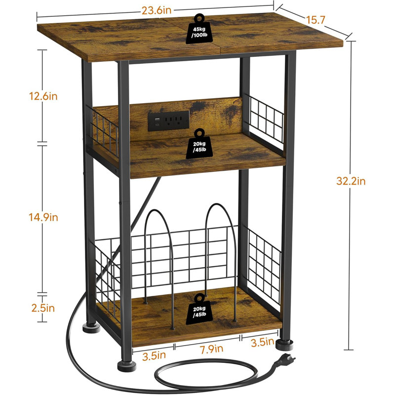 Darrius Rustic Brown Record Player Stand With Vinyl Storage And Charging Station