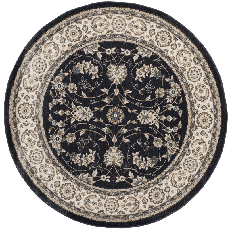 Klose Oriental Anthracite/Cream Area Rug, Round 7', Black/Cream