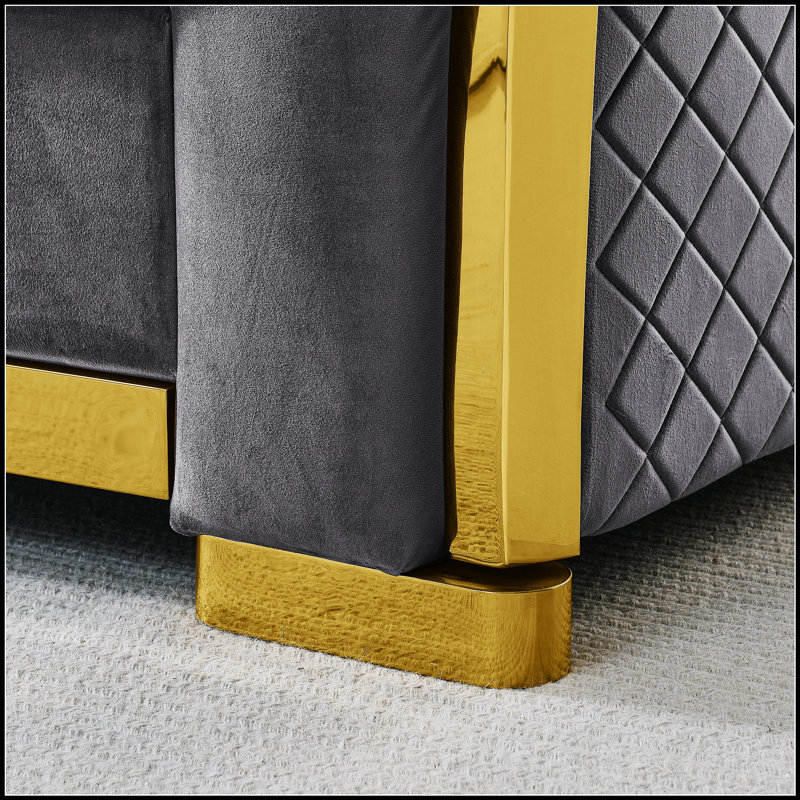 Ensemble de canapé Chesterfield en velours de luxe avec canapé capitonné à 3 places et pieds en acier inoxydable doré, parfait pour les salons élégants