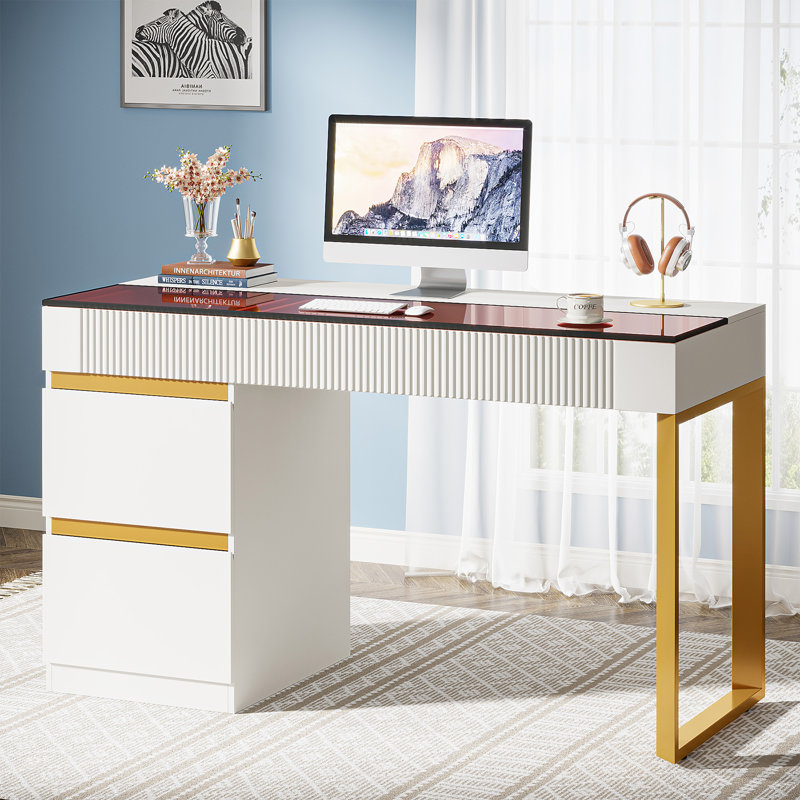 Sellma Tempered Glass Iron Computer Desk