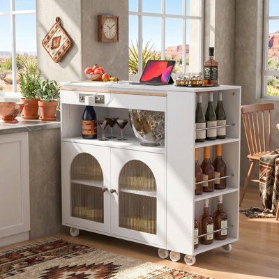White Rolling Kitchen Island with Extended Table, LED Lights, Power Outlets & 2 Fluted Glass Doors