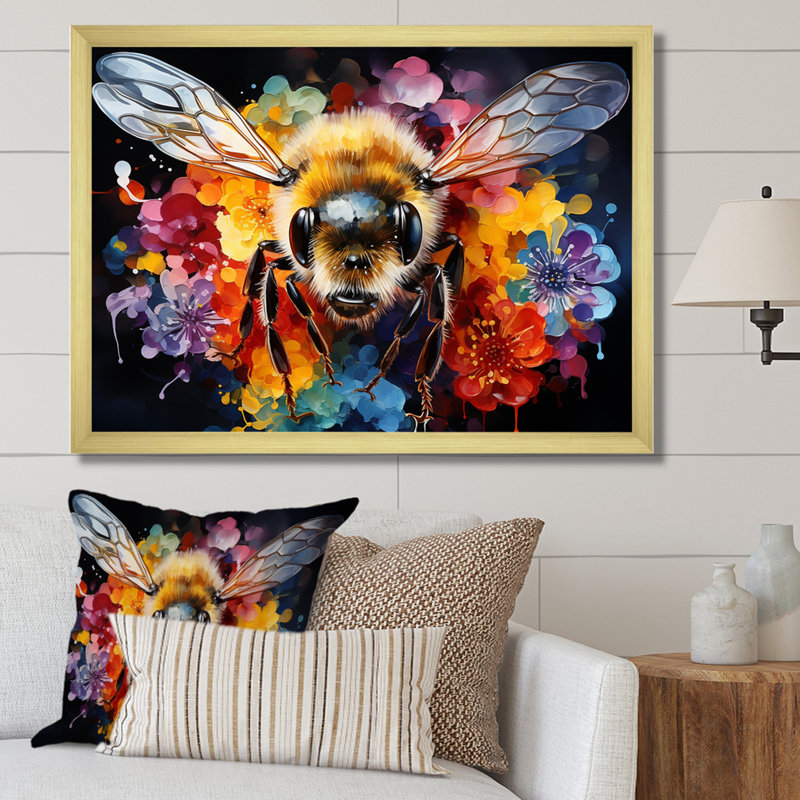Abeilles colorées - insectes et insectes muraux, H 12 po x l 20 po x P 1 po, Cadre doré à coins fermés