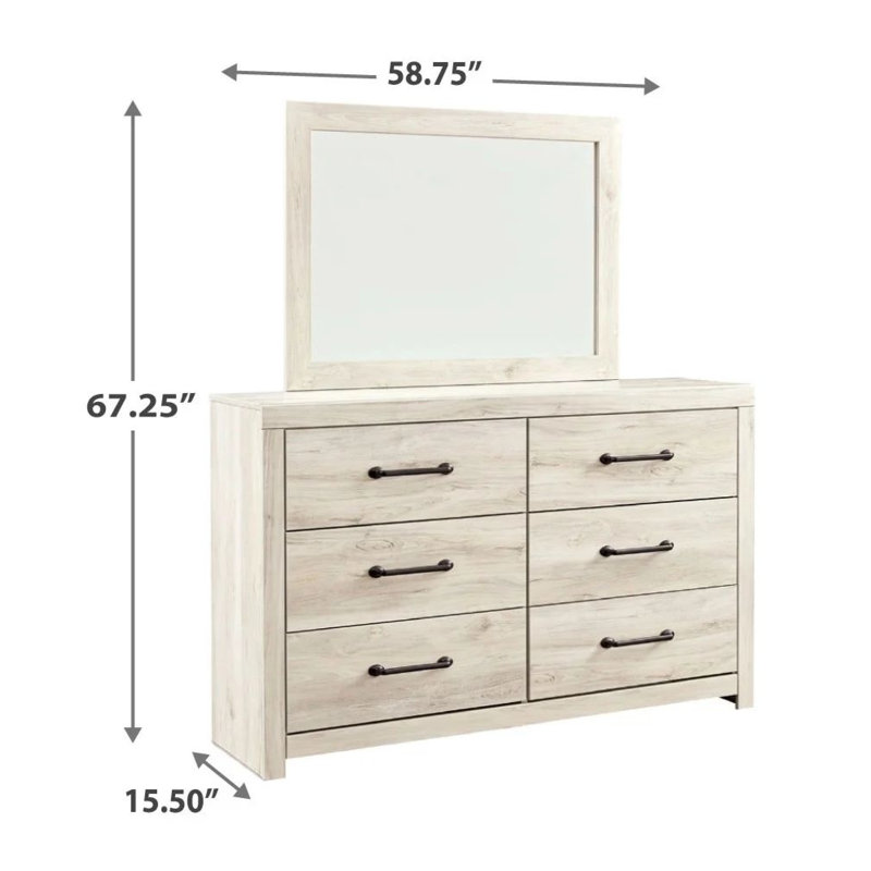 Cemy 2Pc Dresser And Mirror Set, 6 Drawers W Black Handles, Whitewash
