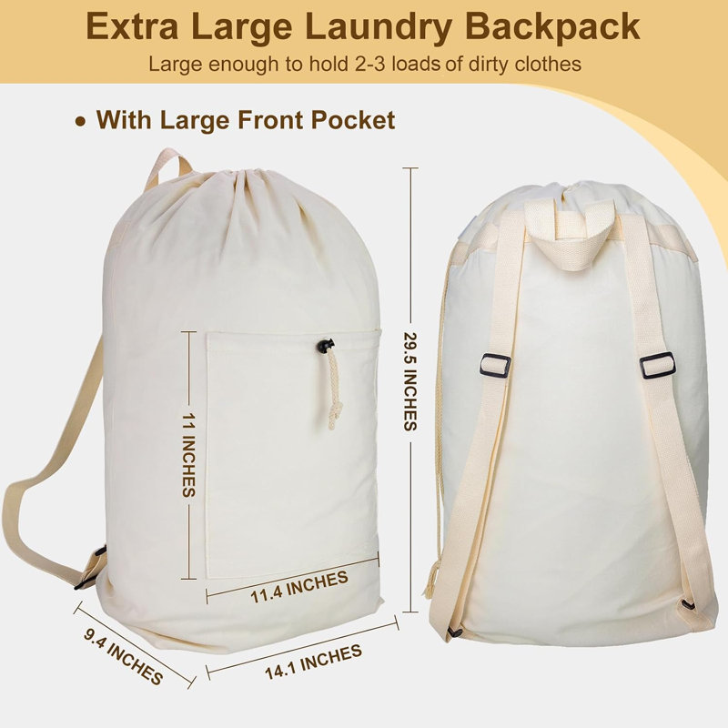 2 Pack Drawstring Canvas Laundry Bag Backpack for Dorm and Travel Laundry Storage