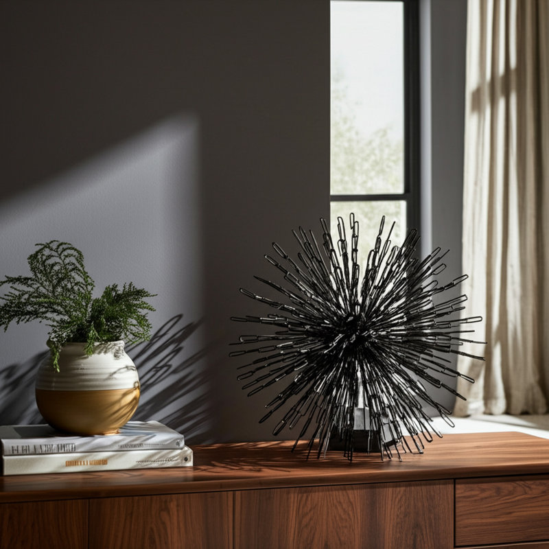 Iron Metal Orb with Abstract Chain-Link Burst Design Modern Decorative Sculptural Accent Contemporary Art Object, Black
