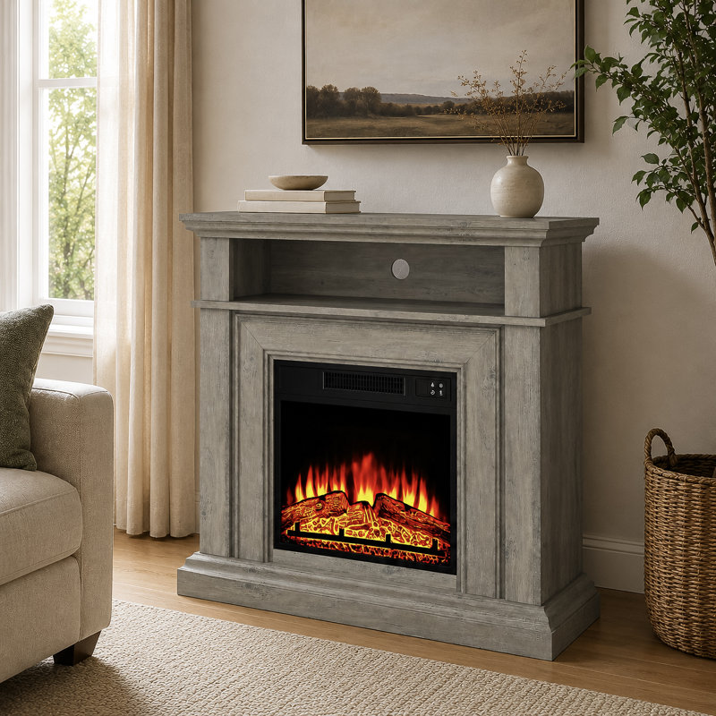 Farmhouse Grayish-brown Electric Fireplace TV Stand – Freestanding Heater Media Console, Realistic Log Flame, Open Storage Shelf,