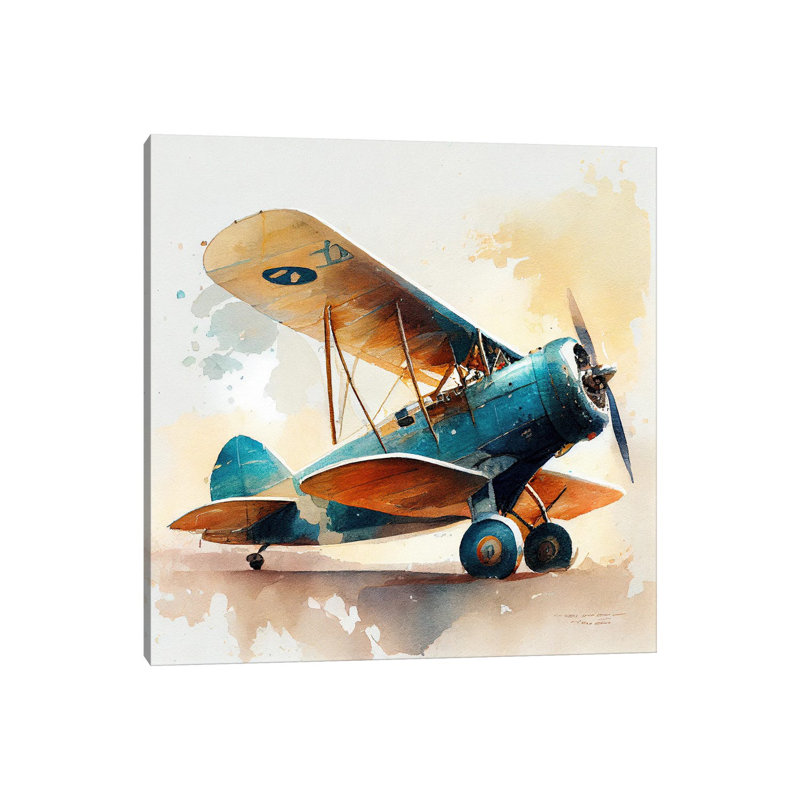 Aquarelle, avion rétro I, Canevas, H 18 po x l 18 po x P 1,5 po