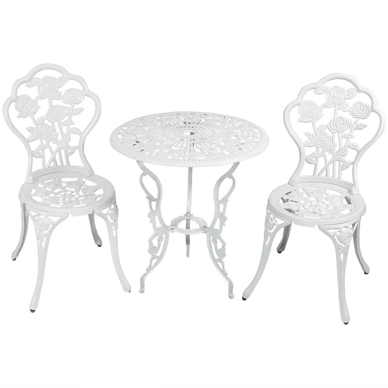 White Cast Aluminum Floral Bistro Set with Iron Legs