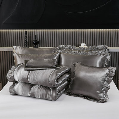 Ensemble d'édredon en satin pour grand lit 8 pièces Ensemble de literie en satin de soie gris foncé à motif de volants soyeux avec 1 housse de coussin