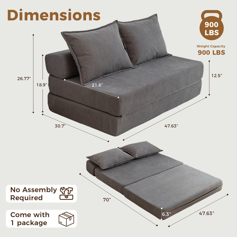 Canapé-lit 47 po pliable en velours côtelé avec 2 coussins sans assemblage requis, Grey