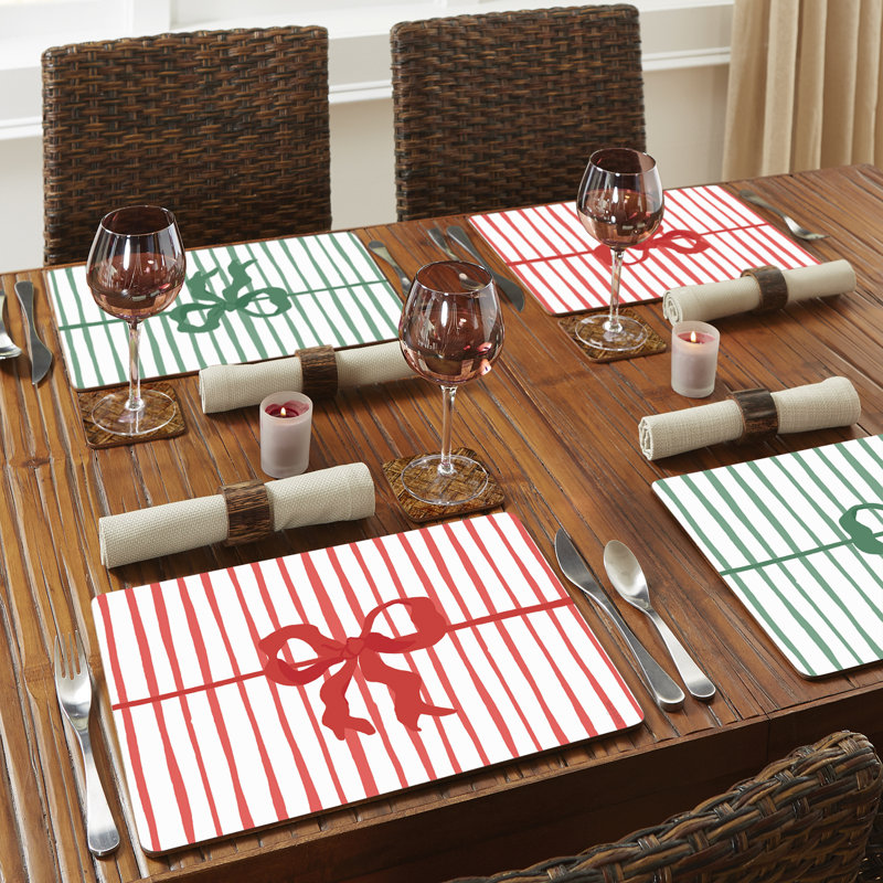 Ensemble de 4 napperons décoratifs Holiday Bows, Blanc / rouge / rayures vertes