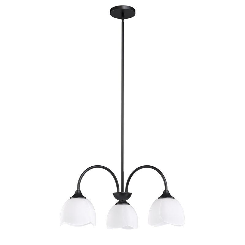 3-light 24'' Dimmable Black Modern/traditional Chandelier For Dining Room.Features Flower Frosted Glass Shades., Matte Black