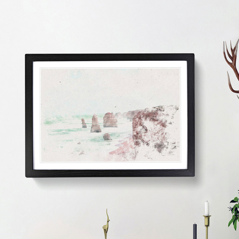 The Twelve Apostles Cliffs in Australia Watercolour - Picture Frame Graphic Art Print, 36cm H x 48cm W x 2cm D, Black Framed
