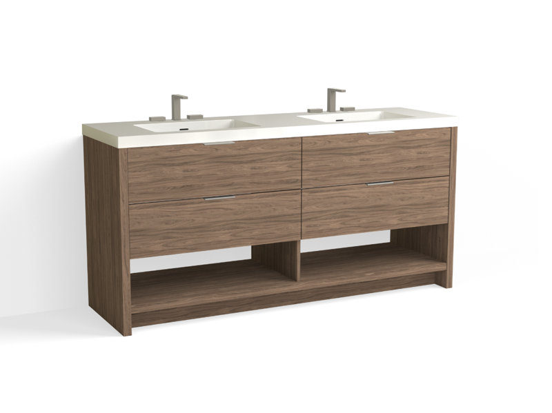 Vue 72" W Freestanding Double Bathroom Vanity, Nocino, Satin Nickel, Glossy White/Single