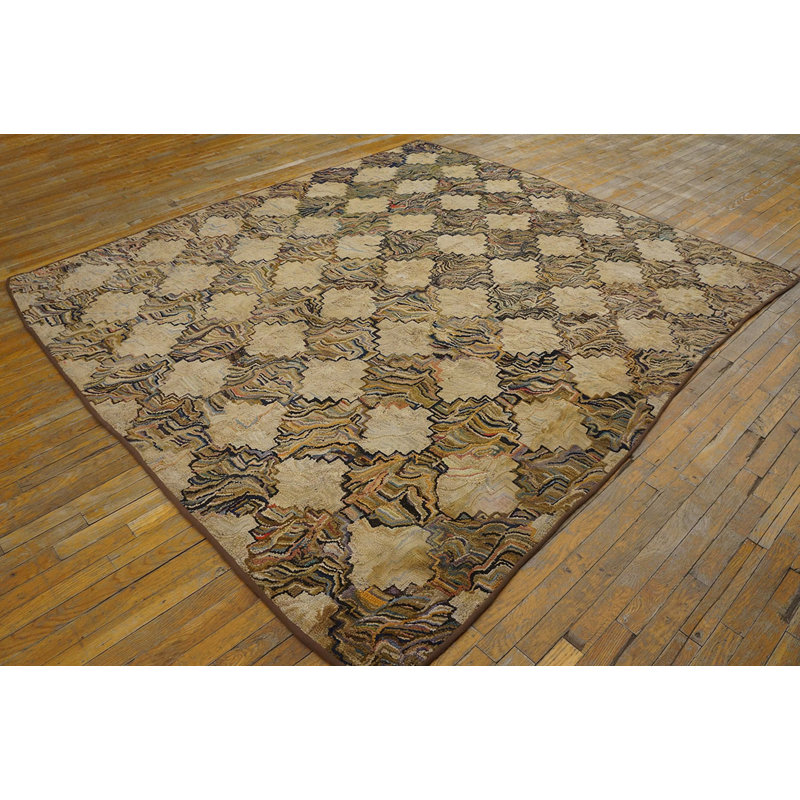 Antique Square Allover Geometric American Folk Art Hooked Rug