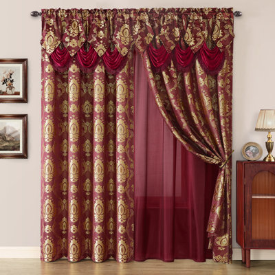 HOMEIDEAS Jacquard Victorian Curtains, Light Filtering Window Panels with Attached Valance & Sheer Backing