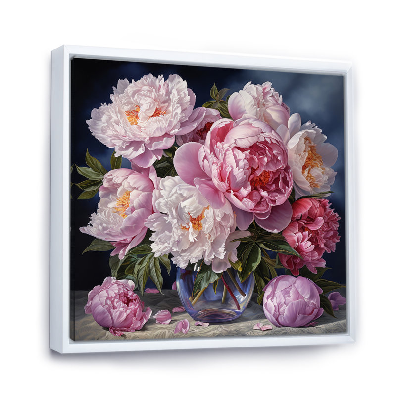 Reproduction d'art sur toile, "pivoines roses", Cadre flottant blanc, H 30 po x l 30 po x P 1 po