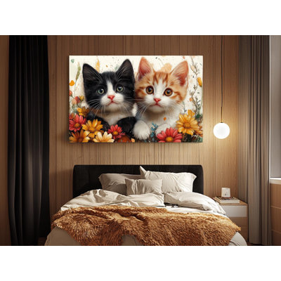 Reproduction de peinture charmante sur toile d'adorables chatons se blottissant parmi des fleurs éclatantes tuxedo orange Tabby Bright pour le salon ou la chambre à coucher, reproduction de peinture