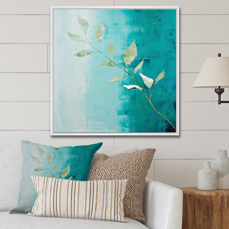 " Turquoise Abstract Leaf Harmony ", 16" H x 16" W x 1" D, White Floater Framed