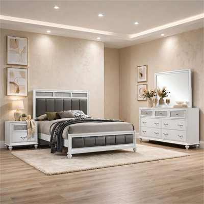 Dini 4pc Queen Bedroom Set, Gray Faux Leather Grid Upholstery, White
