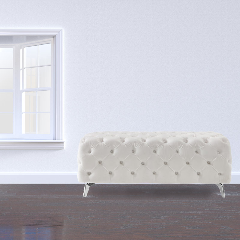 Velvet Upholstered Bench, White
