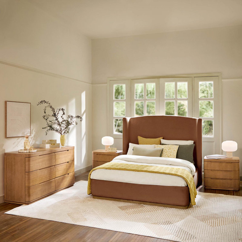 Ensemble de chambre à coucher 4 pièces en bois massif avec placage de chêne Fedor, Grand lit, Caramel