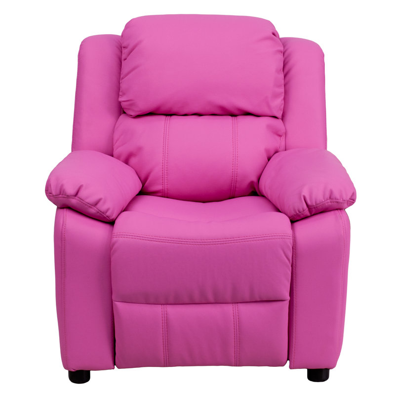 Deluxe Padded Contemporary Kids Recliner with Storage Arms, Vinyl - Hot Pink