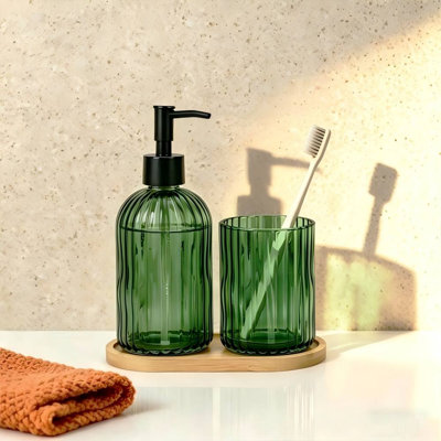 Ensemble de meuble-lavabo 3 pièces - Distributeur de lotion, plateau de verre et organisateur - Verre rayé ambré avec pompe noire, bouteille de savon rechargeable et tasse avec plateau de comptoir pour salle de bain, cuisine, salle de bain d'invités