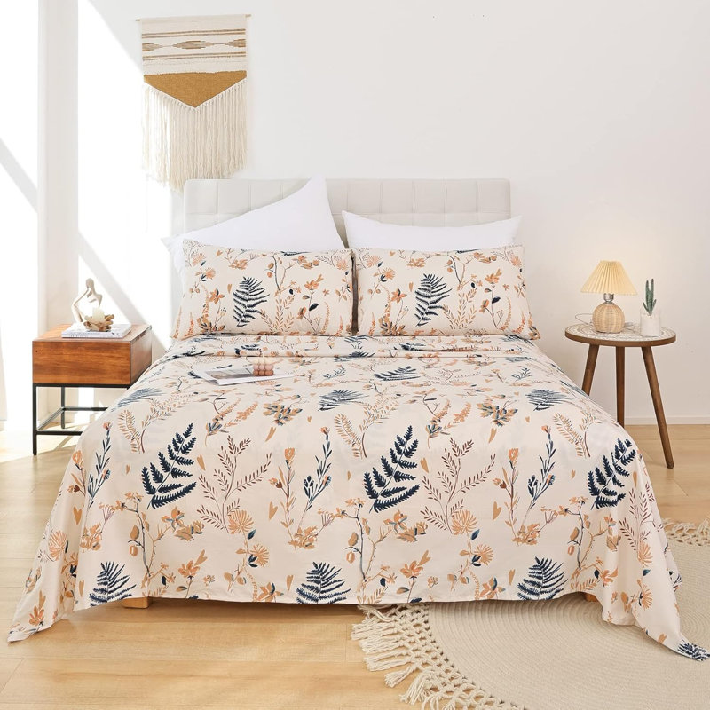 Boho Floral Printed Sheet Set Queen 4 Piece, Soft Botanical Pattern Microfiber Sheets Extra Deep Pocket