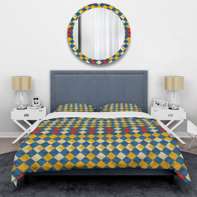 Ensemble de housse de couette moderne bleu et jaune Modern Houndstooth III, Housse de couette très grand et 2 très grandes t