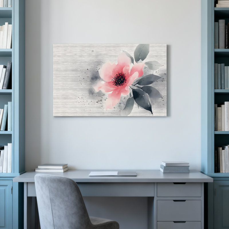 Ensemble de 1 tableau sur toile tendue, motif aquarelle de fleurs roses et de feuilles grises, H 20 po x l 30 po