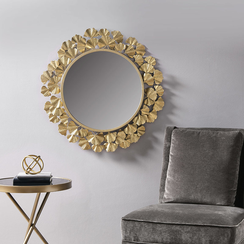 Miroir mural rond 30,5 po avec éléments en feuille d'or, cadre en fer, miroir, nettoyage des taches, installation rapide en métal