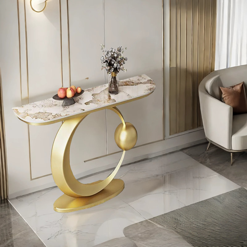 Console luxueuse pour hall d'entrée en ardoise, H 31,5 po x l 39,4 po x P 11,8 po, Doré, Ivoire ivoire