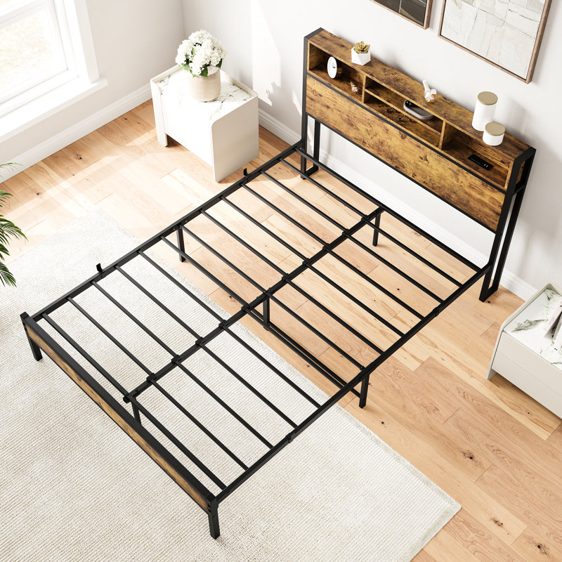 Full Size Metal Platform Bed Frame With Storage Headboard & Charging Station, No Box Spring Needed, Black, Noise-, Easy Assembly Black Charging, Full, Spring, Silent Build