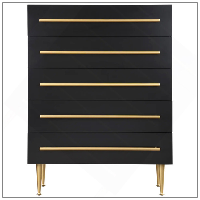 Commode contemporaine à 5 tiroirs avec détails dorés, commode 1 pièce pour chambre à coucher, unité de rangement en bois, noir