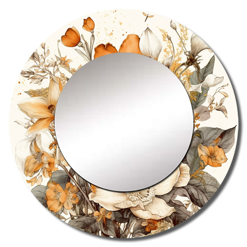 Palak Cream And Orange Flowers Bouquet Interpretation II - Bouquet Wall Mirror, Cream Round Decorative Mirror, Printed Metal Art
