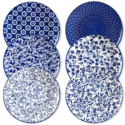 Ceramic Dinner Plates, 10.25 Inch Large Vintage Porcelain Plates, Oven And Dishwasher Safe, Set Of 6, (Blue)