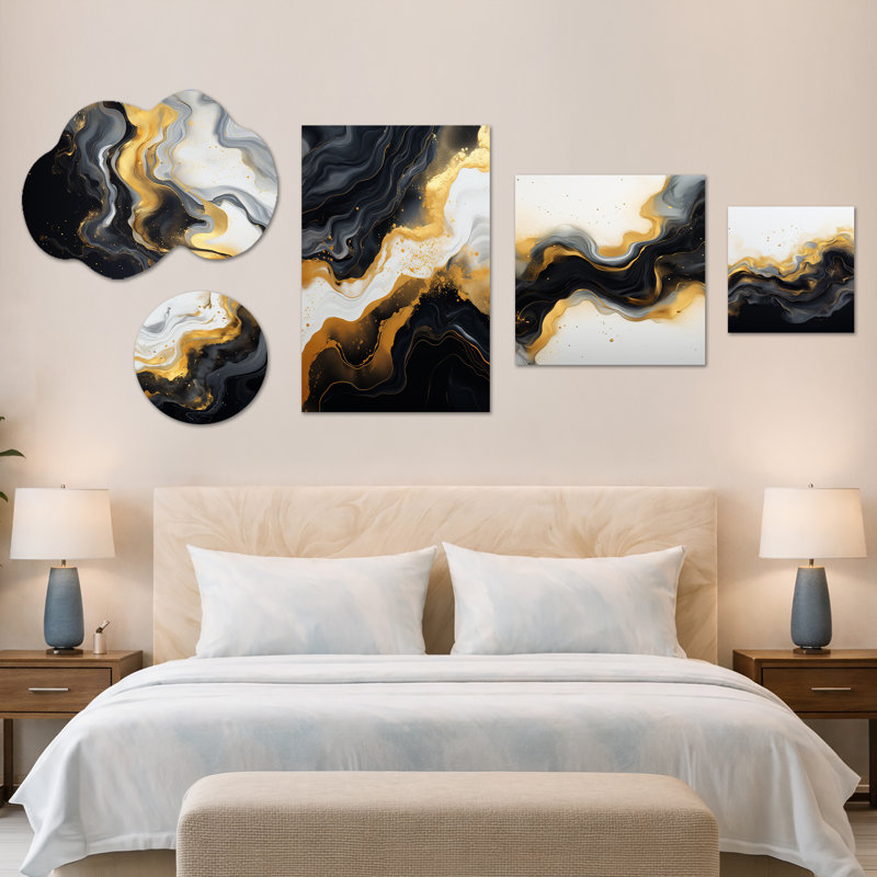 Or et marbre noir Essence I - ensemble de 5 reproductions d'art sur toile abstraites, en métal et encadrées (100 po x 40 po)